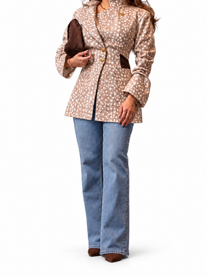 Bambi Jacket updated long jacket and bootcut jeans – white background
