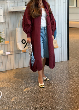 Burgundy cotton balloon-hem long jacket