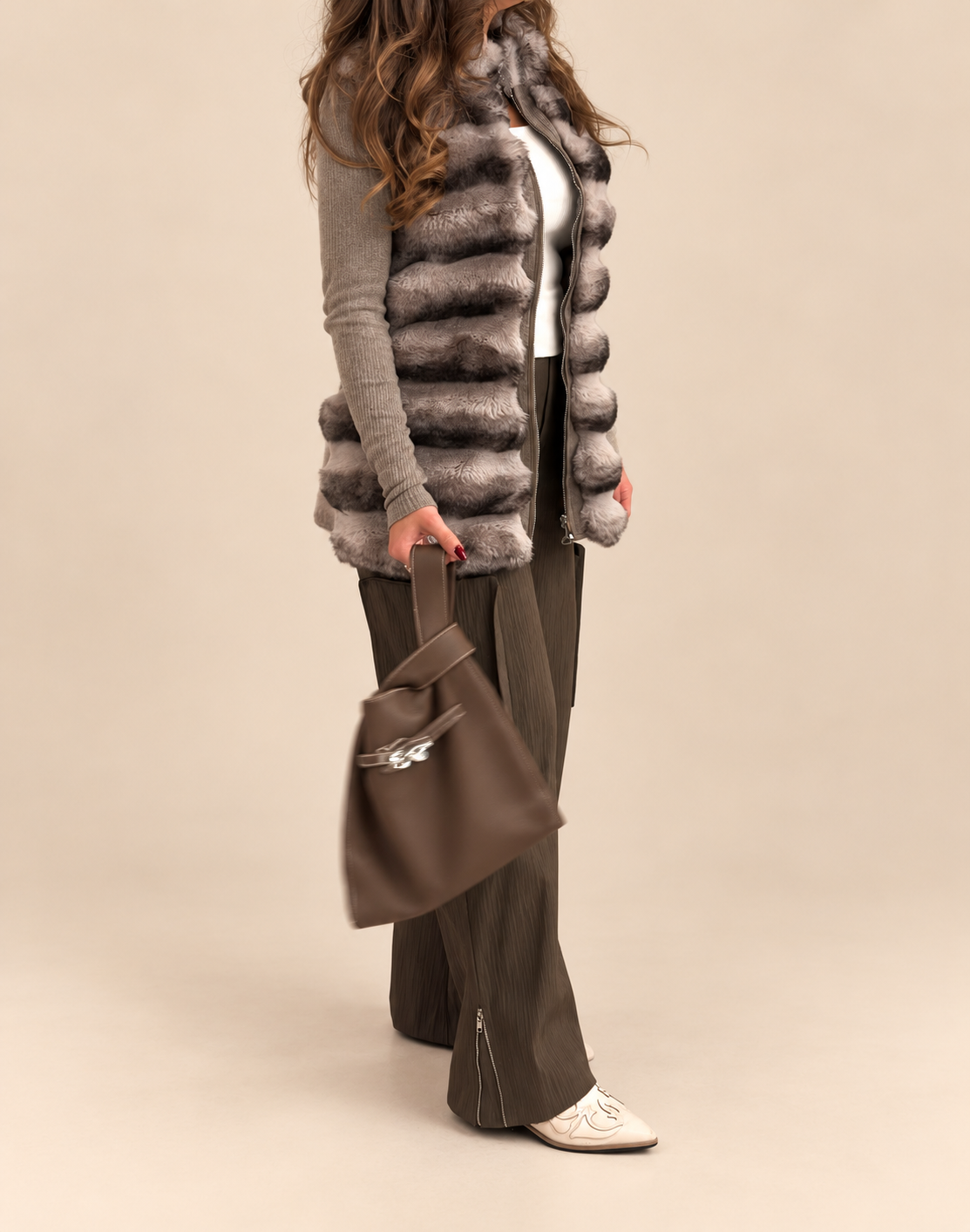 Fur jacket (grey) – beige background