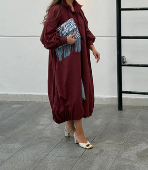 Burgundy cotton balloon-hem long jacket