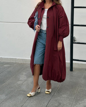 Burgundy cotton balloon-hem long jacket