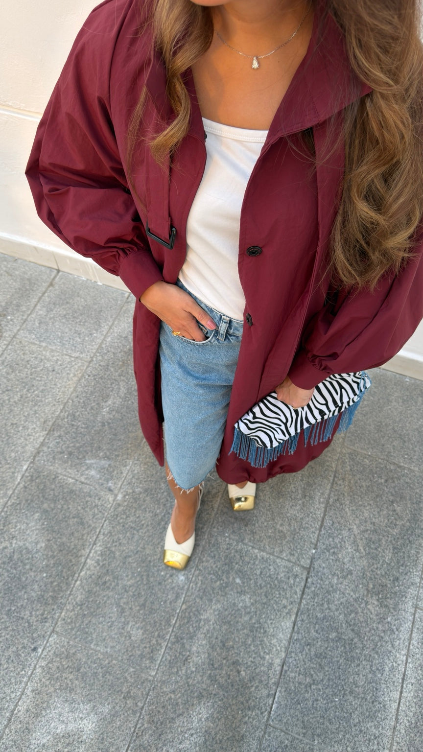 Burgundy cotton balloon-hem long jacket