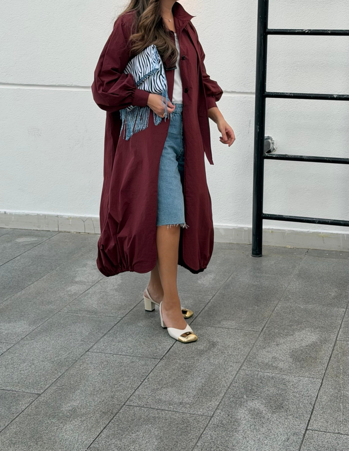 Burgundy cotton balloon-hem long jacket