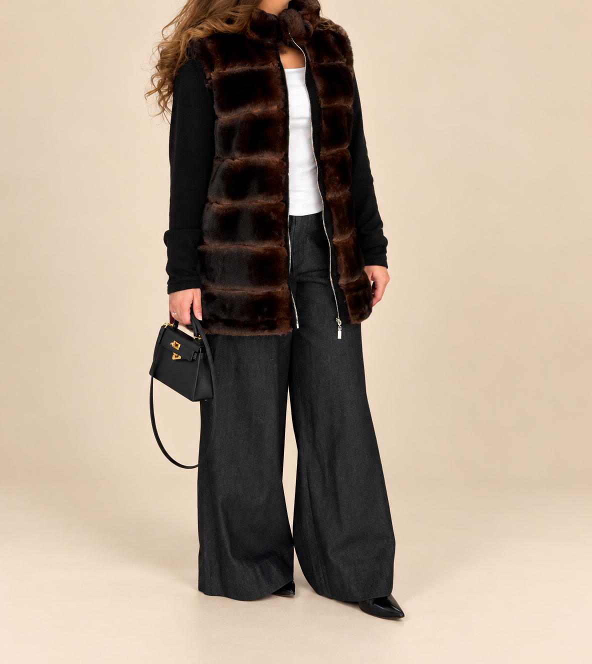 Fur jacket (brown) – beige background