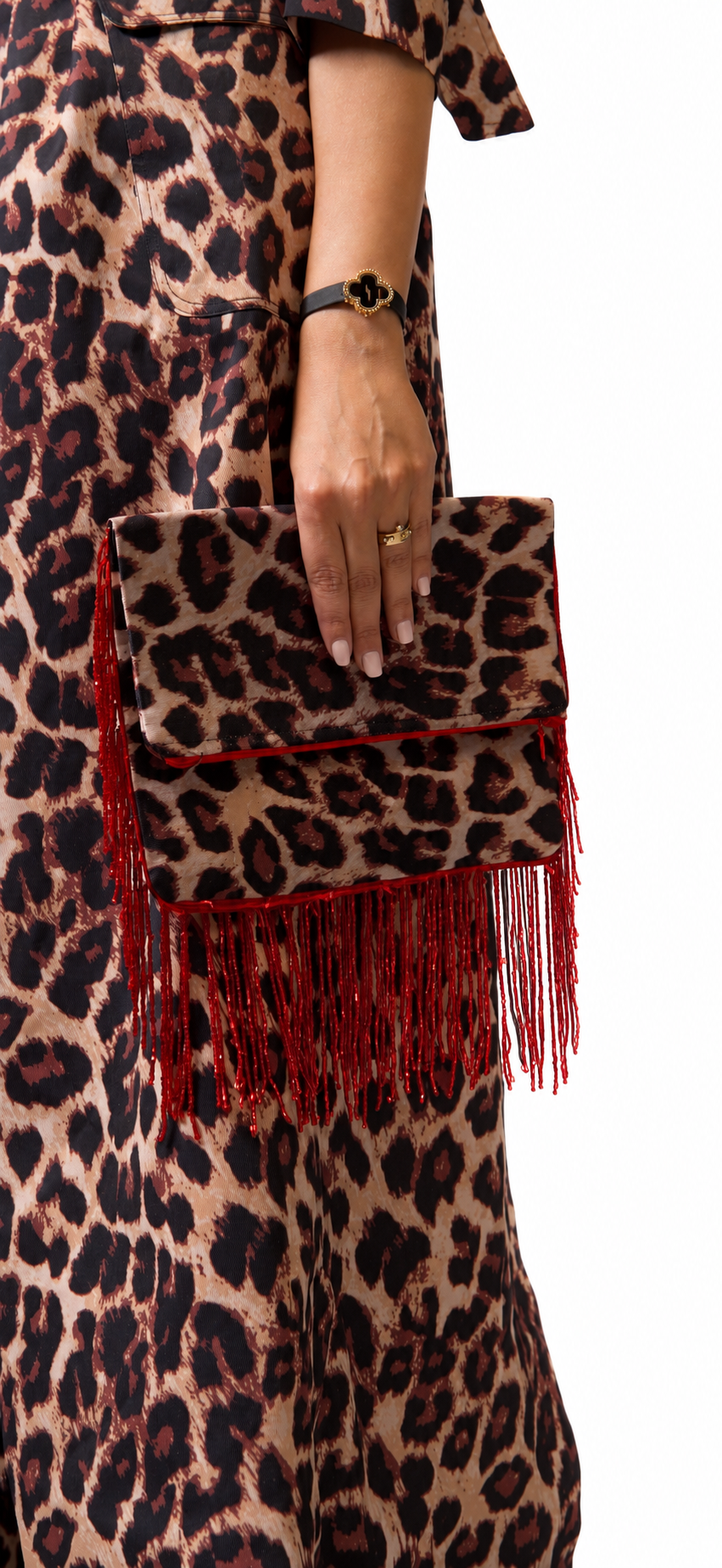 Tiger Affair Bag held by model — bag sold separately, white background